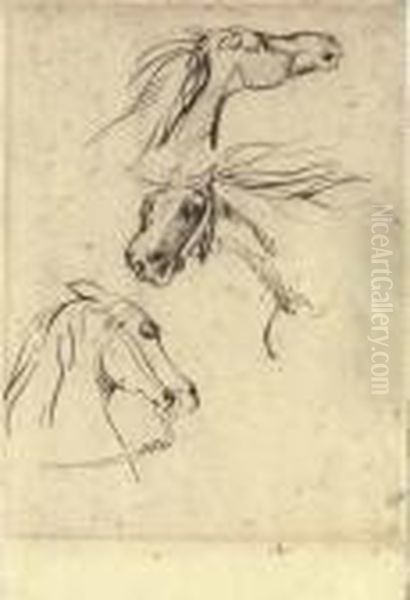 The Heads Of Three Horses Oil Painting by Eugene Delacroix