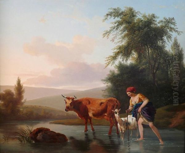 Paysannefranchissant Un Gue Oil Painting by Jean Louis (Marnette) De Marne