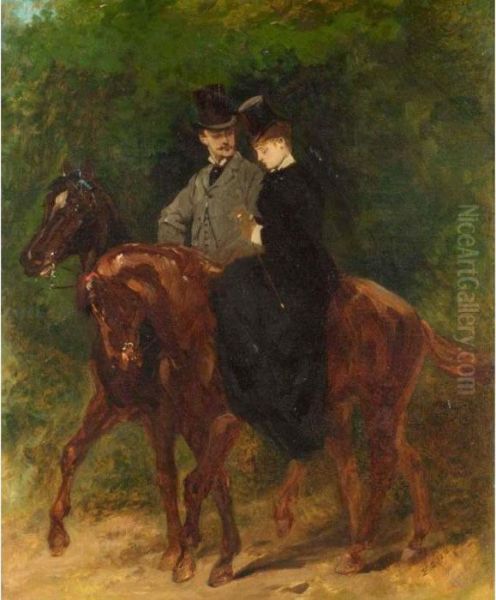 A Couple Out Riding Oil Painting by Jean Baptiste Edouard Detaille