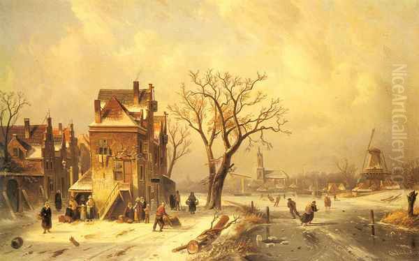 Skaters in a Frozen Winter Landscape Oil Painting by Charles Henri Joseph Leickert