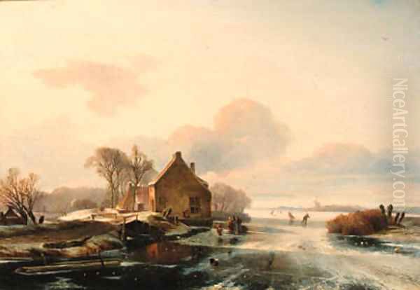A winter landscape with skaters on a lake Oil Painting by Charles Henri Leickert