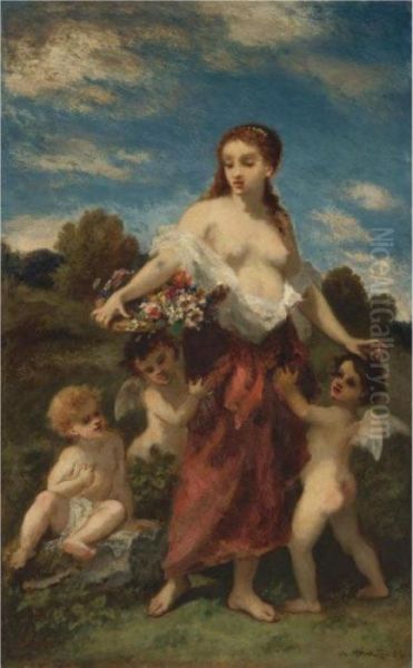 Mythological Woman With Puttis Oil Painting by Narcisse-Virgile D Az De La Pena