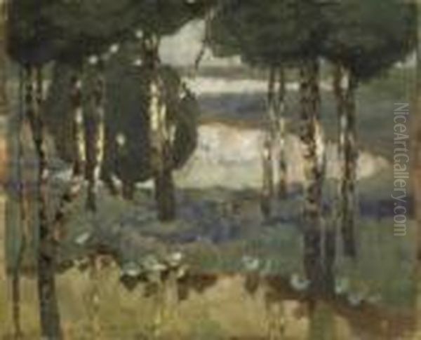 Birches By The Forest Pond. 
Signed And Dated Lower Left: L. Dill 98. Gouache On Paper. Laid Down On 
Carton. 49 X 60cm. Framed. Oil Painting by Ludwig Dill
