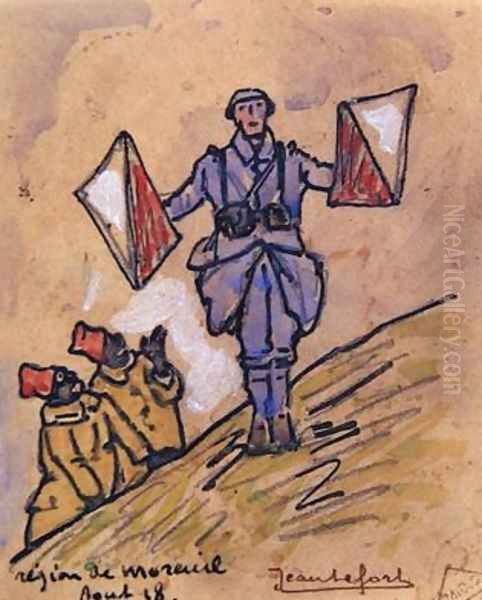 A Soldier using flags to send coded messages Oil Painting by Jean Lefort