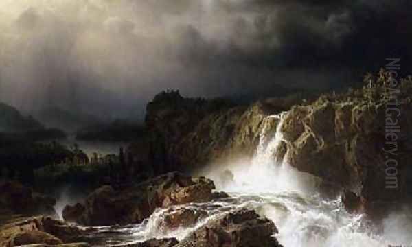 Rocky Landscape with Waterfall in Smaland Oil Painting by Marcus Larson