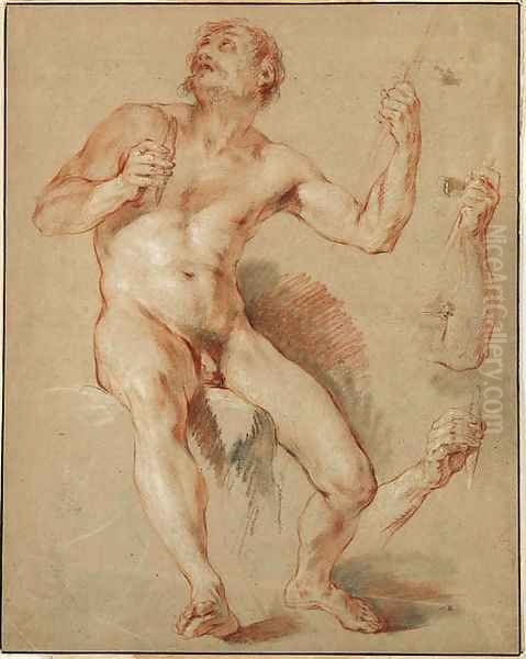 Hercules seated, his head and shoulder in shadow, with subsidiary studies of his right and left arm Oil Painting by Francois Lemoine (see Lemoyne)