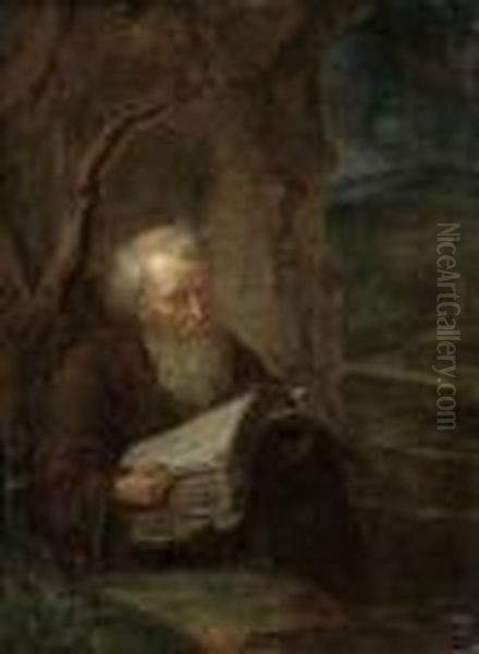 A Hermit Saint Reading In A Landscape Oil Painting by Gerrit Dou