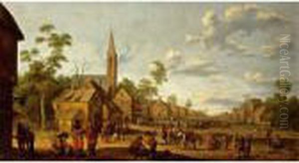 A Street Scene With Soldiers Overtaking The Village Oil Painting by Joost Cornelisz. Droochsloot