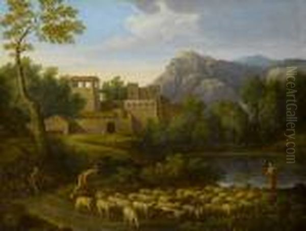 Classical Figures In An 
Italianate Landscape, Driving A Flock Before A Lake, A Village In The 
Distance And A Mountain On The Horizon Oil Painting by Gaspard Dughet