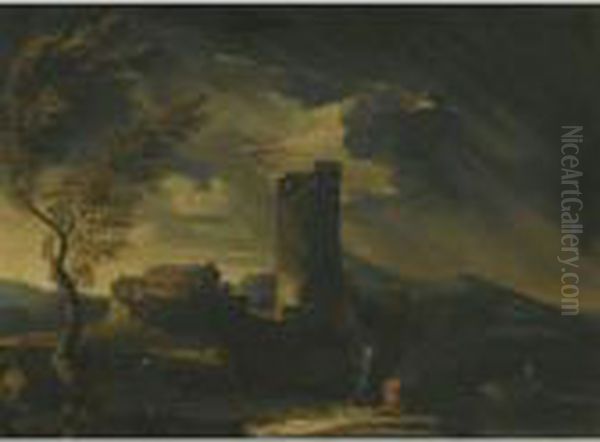 A Thunderous Classical Landscape
 With Two Figures Waiting For Aboat To Come To Shore, A Village And 
Ruins To The Left Oil Painting by Gaspard Dughet Poussin