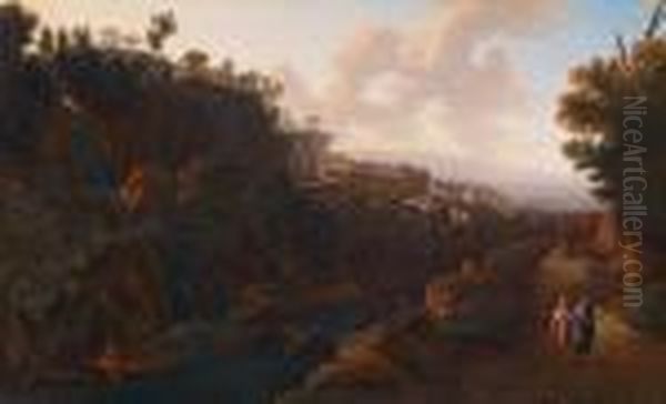 Eine Ansicht Von Tivoli Mit 
Demtempel Der Sibilla Tiburtina Und Dem Grosen Wasserfall Imvordergrund Oil Painting by Gaspard Dughet