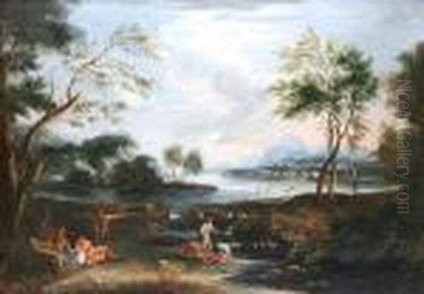 An Italianate Coastal Landscape, With Figures Resting And Bathing By A Stream Oil Painting by Gaspard Dughet Poussin