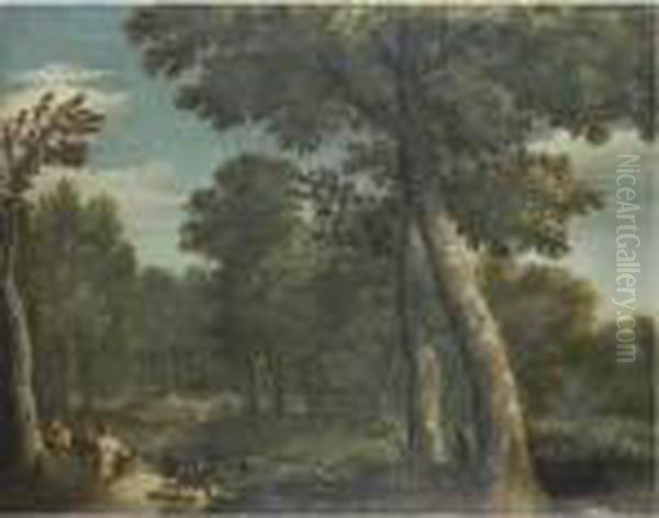 A River Landscape With Satyrs Playing Their Pipes In The Foreground Oil Painting by Gaspard Dughet Poussin