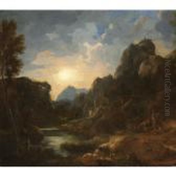 Paesaggio Fluviale Al Tramonto Con Figure Oil Painting by Gaspard Dughet Poussin