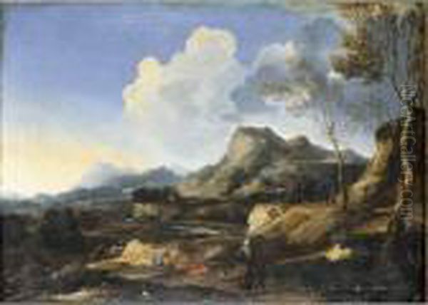 An Italianate Landscape With A 
River And Rustic Buildings, Classical Figures And Travellers In The 
Foreground Oil Painting by Gaspard Dughet