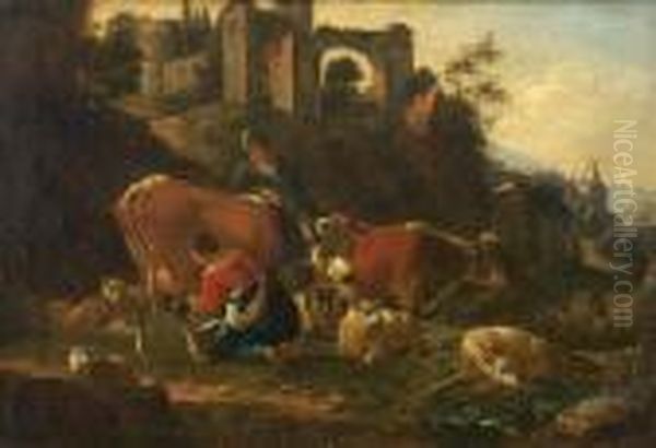 A Herdsman And A Milkmaid With Cattle And Sheep Before Ruins Oil Painting by Karel Dujardin