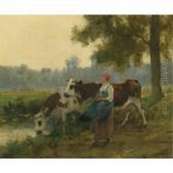 Young Maid With Her Cows At The Water's Edge Oil Painting by Julien Dupre