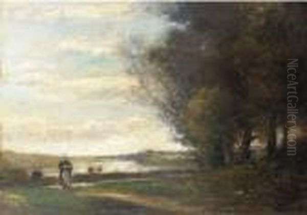A Woman On A Track In A River Landscape Oil Painting by Julien Dupre