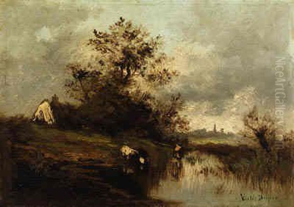 Cows At Watering Hole Oil Painting by Leon Victor Dupre