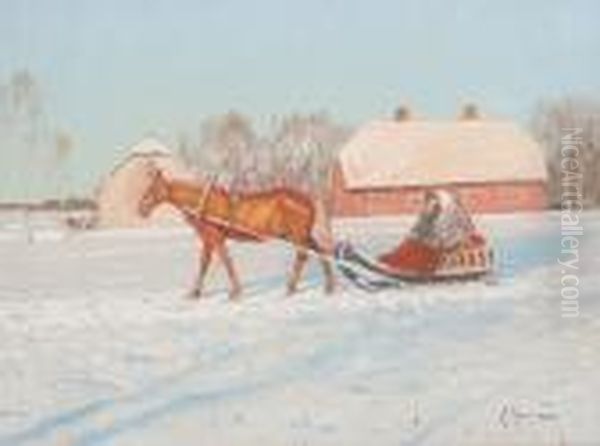 Horse-drawn Sleighwith Couple Oil Painting by Andrei Afanas Evich Egorov