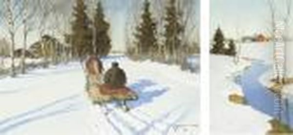 Russian Horse-drawn Sledge In A Landscape Oil Painting by Andrei Afanas Evich Egorov