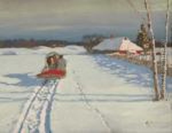 Pferdeschlitten In Verschneiter Landschaft Oil Painting by Andrei Afanas Evich Egorov