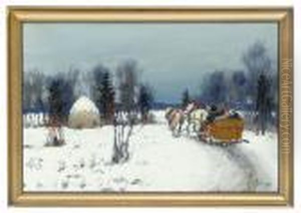 A Troika In The First Snow Oil Painting by Andrei Afanas Evich Egorov