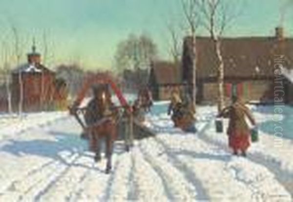 Riding A Troika Through A Sunlit Village Oil Painting by Andrei Afanas Evich Egorov