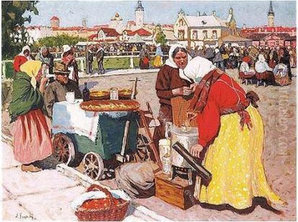 Tea In The Market Place Oil Painting by Andrei Afanas Evich Egorov