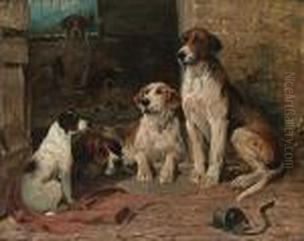 Hounds By A Kennel Oil Painting by John Emms