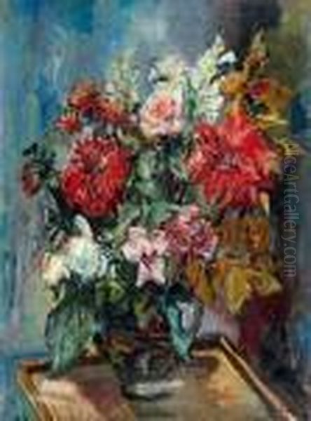 Vase De Fleurs Sur Un Entablement
 Huile Sur Toile, Signee Et Datee 1930 En Bas A Droite Oil Painting by Henri Epstein