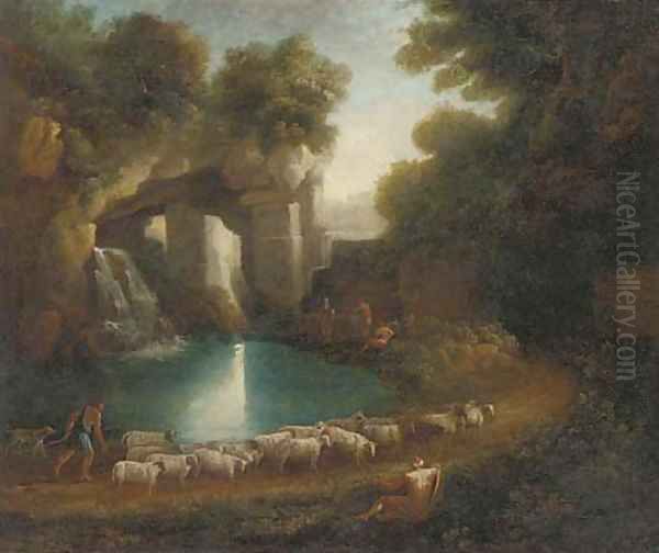 A wooded clearing with a shepherd and his flock and anglers by a waterfall beneath classical ruins Oil Painting by Claude Lorrain (Gellee)