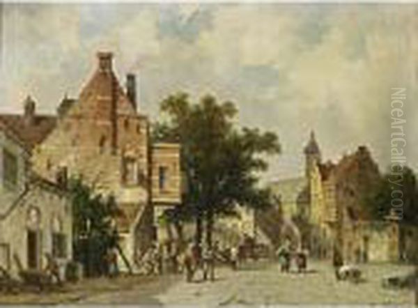 Townspeople On A Square Oil Painting by Adrianus Eversen