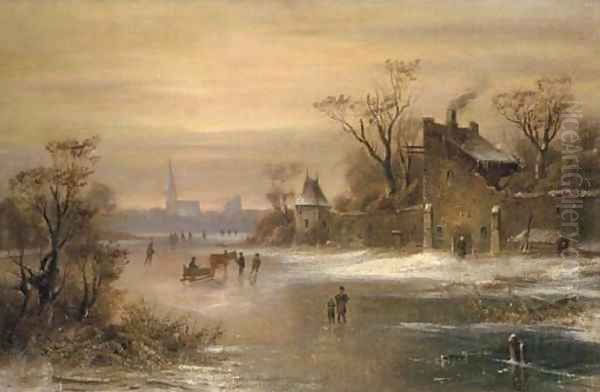 Skaters and a horse-drawn sledge on a frozen river Oil Painting by Charles Henri Joseph Leickert