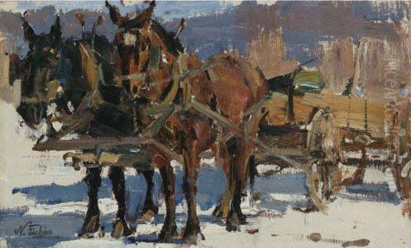 Team And Wagon Oil Painting by Nicolai Ivanovich Fechin