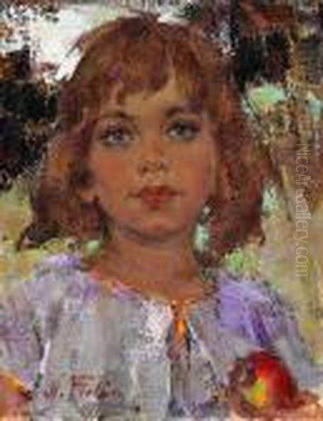 Portrait Of A Young Girl With An Apple Oil Painting by Nicolai Ivanovich Fechin