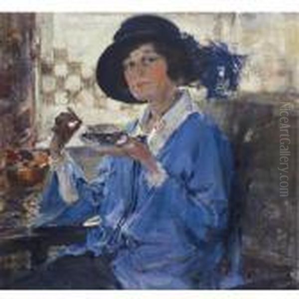 Tea In Santa Monica (portrait Of Mrs. Krag) Oil Painting by Nicolai Ivanovich Fechin