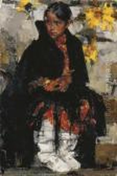 Indian Girl With Sunflowers Oil Painting by Nicolai Ivanovich Fechin
