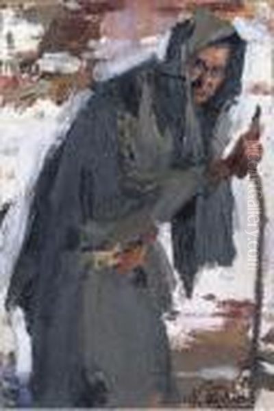 Old Woman With Walking Stick Oil Painting by Nicolai Ivanovich Fechin