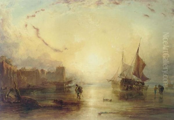 Unloading The Catch At Dusk Off A Fortified Port Oil Painting by Anthony Vandyke Copley Fielding