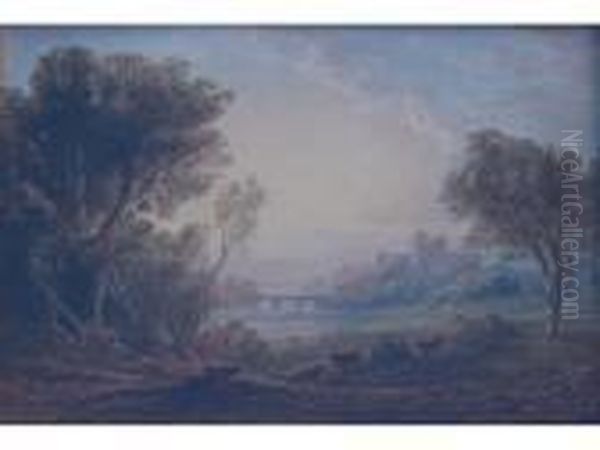 Cattle At Sunset, A Castle Beyond Oil Painting by Anthony Vandyke Copley Fielding