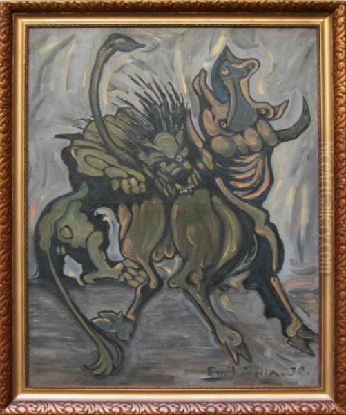 Zapas Byka Se Lvem Oil Painting by Emil Filla