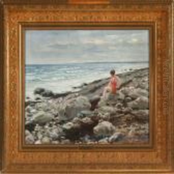 Coastal Scenery With A Woman In A Red Swimsuit Oil Painting by Paul-Gustave Fischer