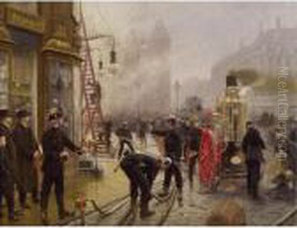 Det Braender Pa Kultorvet (a Fire On Kultorvet) Oil Painting by Paul-Gustave Fischer