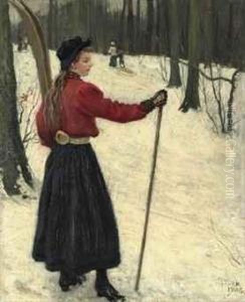 Skiers In A Snowy Wood Oil Painting by Paul-Gustave Fischer