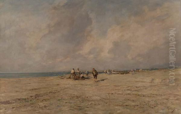 Paesagggio Marino Con Barche, Reti E Pescatori Oil Painting by Carlo Follini