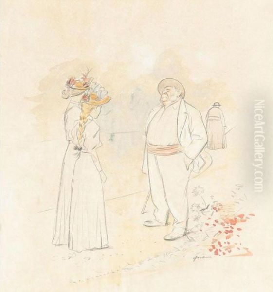 Two Young Girls, An Elderly Man And A Cure Oil Painting by Jean-Louis Forain