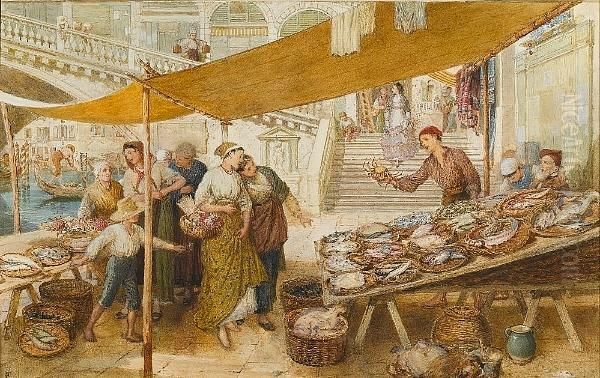 The Fish Market On The Steps Of The Rialto Bridge, Venice Oil Painting by Myles Birket Foster