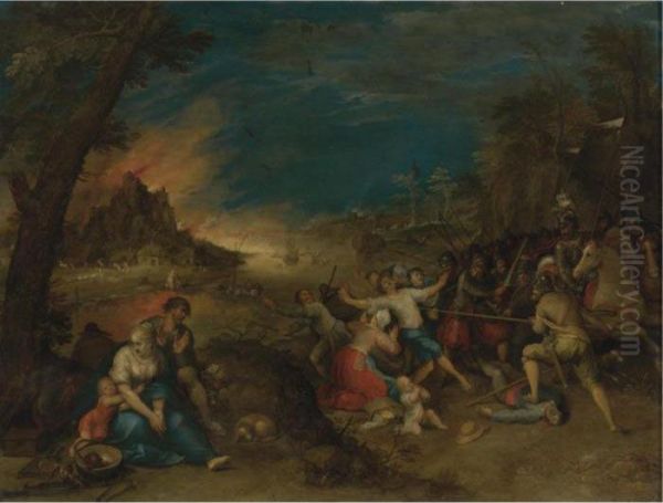 Soldiers Attacking Peasants Before A Burning Village (the Horrors Of War) Oil Painting by Frans II Francken