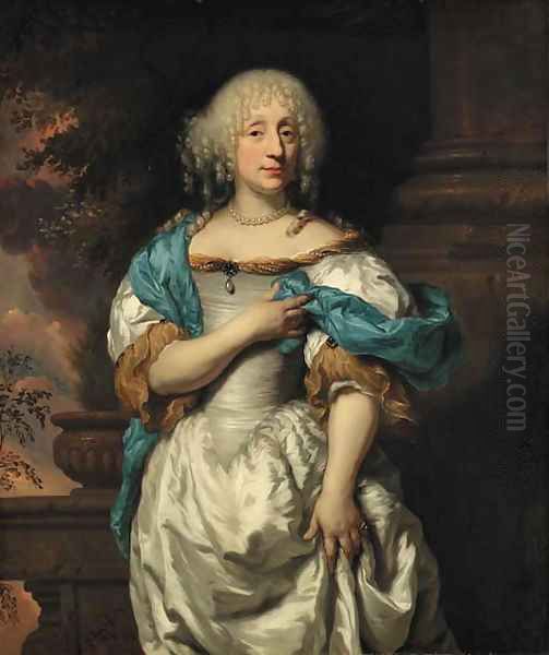 Portrait of a lady, three-quarter-length, in a white dress and a blue shawl, on a terrace, a wooded landscape beyond Oil Painting by Nicolaes Maes